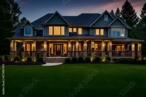 Beautiful New Home Exterior at Night: Home with Green Grass and Covered Porch, including Stately Gables and Columns © amara