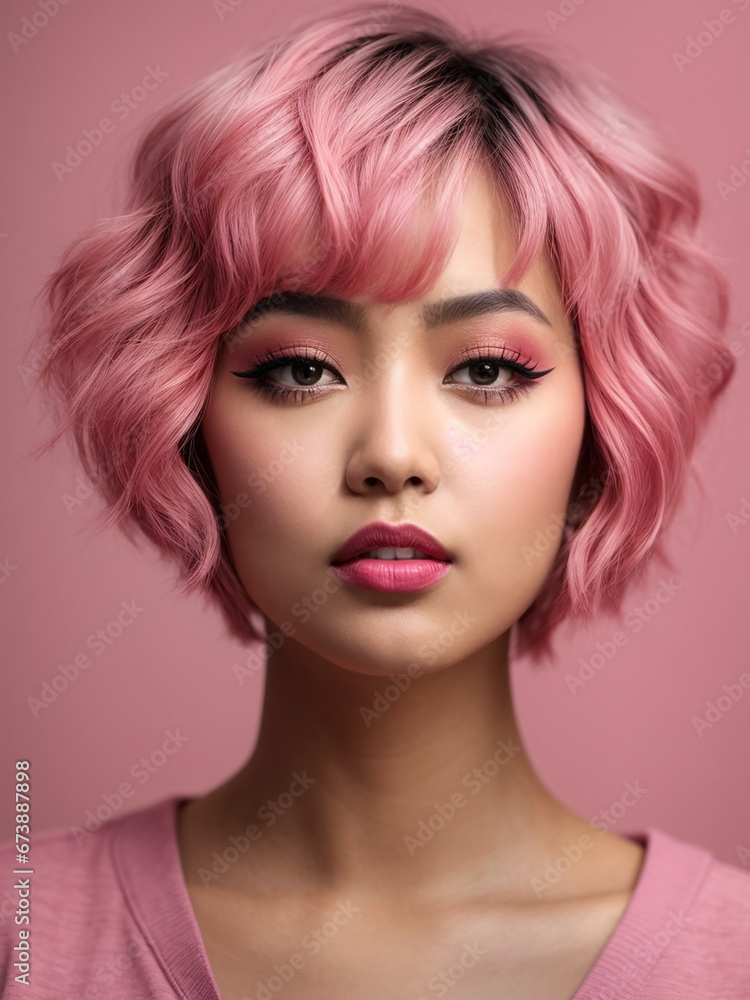 Asian Woman with Short Pink Hair in a Chic Bob Hairstyle Asian Woman with Short Pink Hair in a Chic Bob Hairstyle