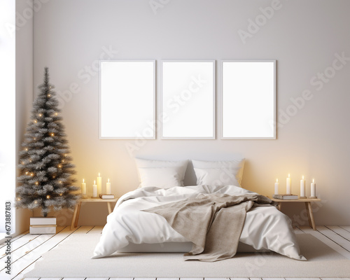 Set of 3 frame mockup  bedroom mockup  wooden bed in the background  poster frame mockup in the room interior  3D rendering  3D illustration