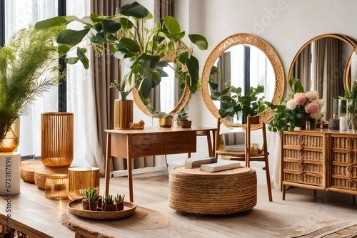 Sunny boho interiors of apartment with mirror, dressing table, furnitures, flowers, plants, rattan box, books, sculpture, macrame and design accessories. Stylish home decor of open space. Template