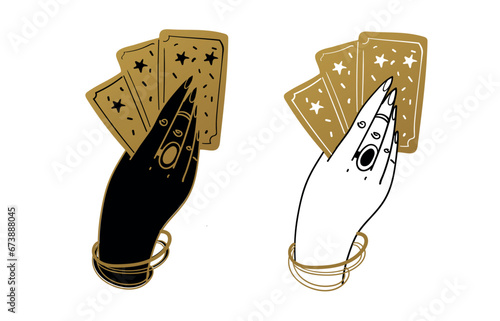 A woman s hand holds a deck of Tarot cards. Set of icons in black and gold colors. The concept of fortune telling, witchcraft, fate, card game. Vector illustration isolated on white background.