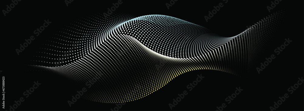 An abstract vector illustration, Dynamic particle waves in a halftone gradient create a flowing dot curve on a black Background, embodying technology, sound, music, and contemporary aesthetics. An abstract vector illustration, Dynamic particle waves in a halftone gradient create a flowing dot curve on a black Background, embodying technology, sound, music, and contemporary aesthetics.