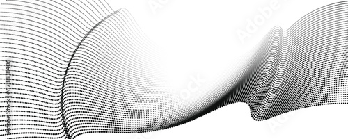 An abstract vector illustration, Dynamic particle waves in a halftone gradient create a flowing dot curve on a white canvas, embodying technology, sound, music, and contemporary aesthetics.