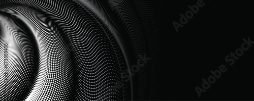 An abstract vector illustration, Dynamic particle waves in a halftone gradient create a flowing dot curve on a black Background, embodying technology, sound, music, and contemporary aesthetics.