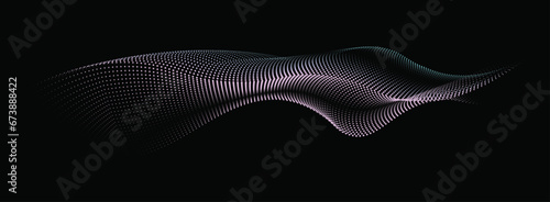 An abstract vector illustration, Dynamic particle waves in a halftone gradient create a flowing dot curve on a black Background, embodying technology, sound, music, and contemporary aesthetics.