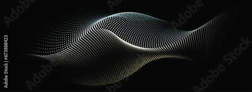 An abstract vector illustration, Dynamic particle waves in a halftone gradient create a flowing dot curve on a black Background, embodying technology, sound, music, and contemporary aesthetics.