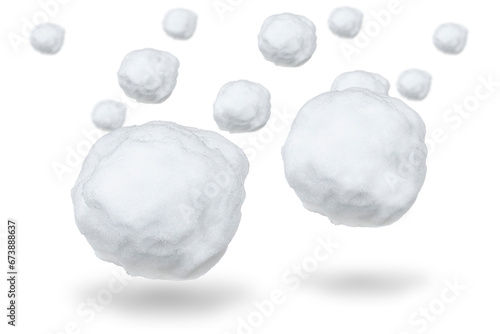 Flying white snowballs isolated on transparent background. photo