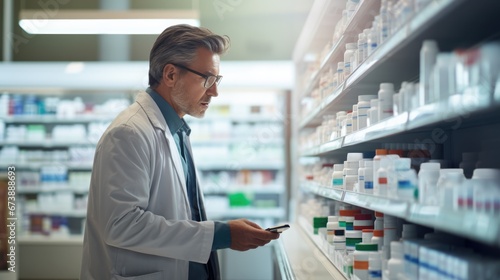Male pharmacist checking medicine in shelf at modern drug store.
