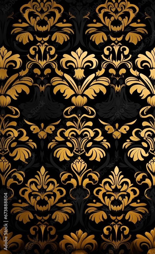 Damask Luxury Wallpaper. Golden Seamless Pattern with isolated Black Background. floral damask luxury black and golden illustration wallpaper, Generative AI