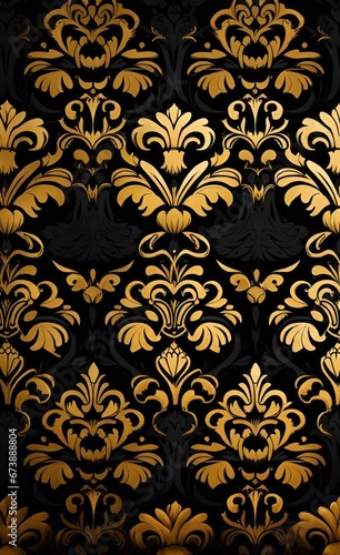 Damask Luxury Wallpaper. Golden Seamless Pattern with isolated Black Background. floral damask luxury black and golden illustration wallpaper, Generative AI