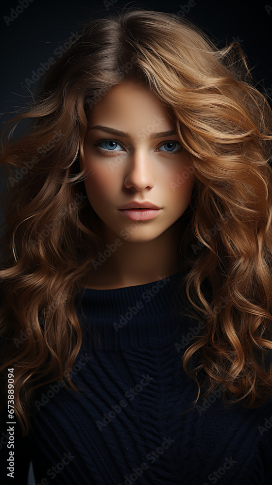 Fototapeta premium brown haired woman wearing a navy blue wide neck sweater, product apparel photography style, studio photoshoot, light white gray studio background. AI generated