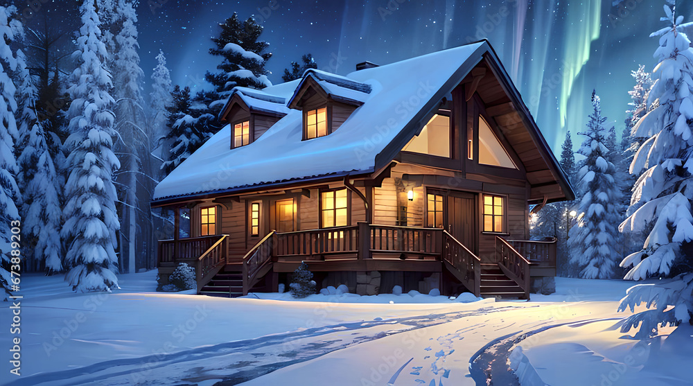 Little house in winter and beautiful aurora in the sky Little house in winter and beautiful aurora in the sky