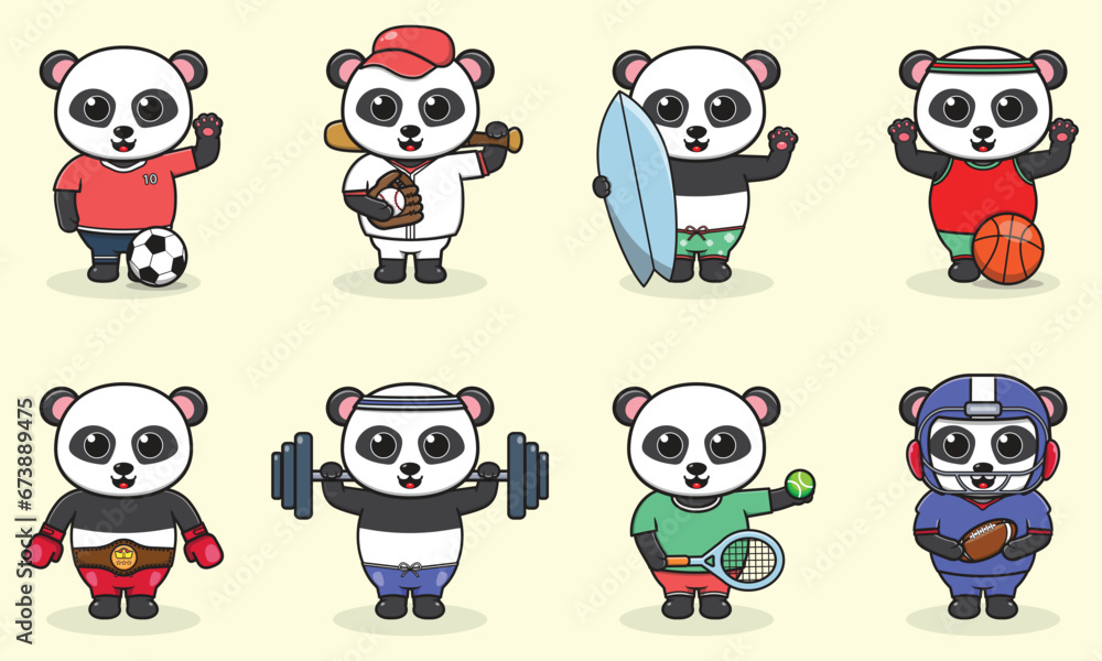 Set of Panda wearing uniform and using sports equipment. Funny animals doing exercis. Cute cartoon character vector set isolated on a white background. Cartoon animal sport. Panda cartoon. Set of Panda wearing uniform and using sports equipment. Funny animals doing exercis. Cute cartoon character vector set isolated on a white background. Cartoon animal sport. Panda cartoon.