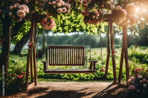 Wooden swing with flowers in park.