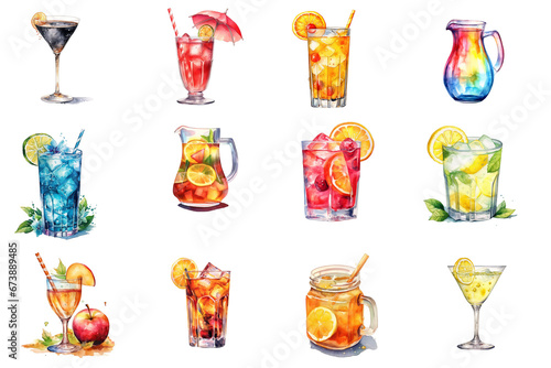 Wallpaper Mural Watercolor cocktail drinks set on white background. Watercolor painting daily routine objects. Hand drawn colorful Sublimation design,white background Torontodigital.ca