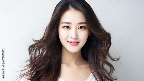 Portrait of beautiful asian Woman with her smooth skin. White background with copy space. Beauty skincare. 