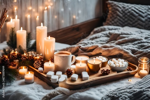 Winter homely scene  scandinavian style. Warm knit sweater  candles  cup of sweet cocoa with marshmallows and other decor on tray in bed. Wooden craft letters Welcome Home. Lazy cold