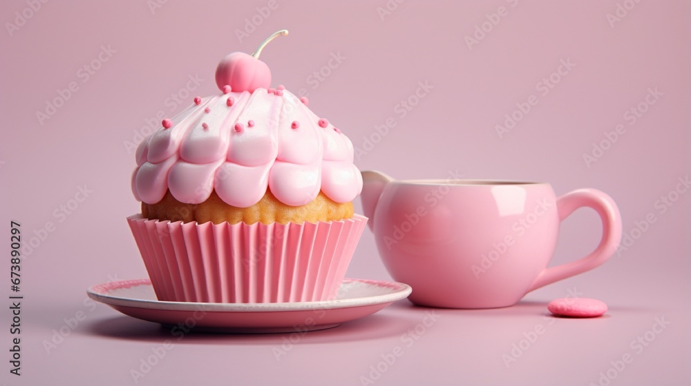 Pink Cupcake and Hot Drink on Chic Tableware in Studio Setting generated by AI tool Pink Cupcake and Hot Drink on Chic Tableware in Studio Setting generated by AI tool