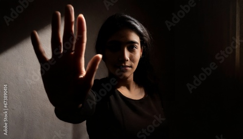 Human Rights Day Concept: Woman with her hand extended signaling to stop useful to campaign against violence, gender or racial, discrimination