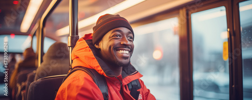 Happy african american man travelling on bus photo