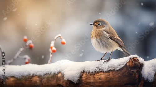 Wintery Avian Perched on Icy Forest, Close-up Feather Detail generated by AI tool 