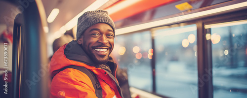 Happy african american man travelling on bus © LeManna