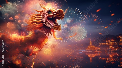 Fireworks in Asian New Year with Dragon. Generated AI