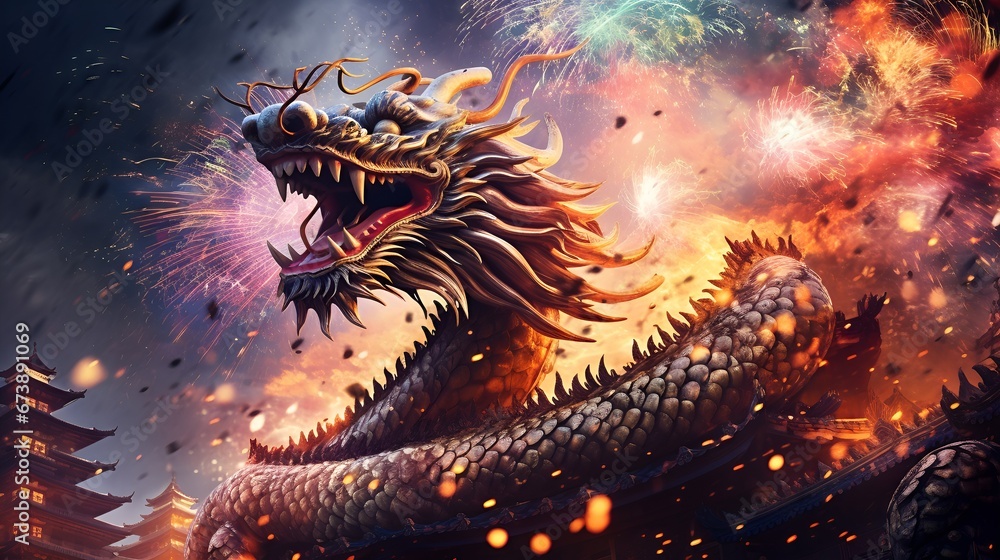 Fireworks in Asian New Year with Dragon. Generated AI Fireworks in Asian New Year with Dragon. Generated AI