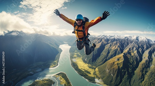 Parachutist, happy jump, beautiful landscape, river