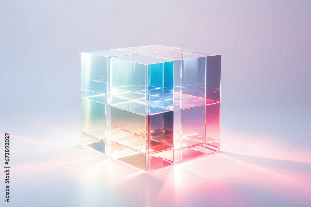 Obraz premium Glass geometric figures prisms with light diffraction of spectrum colors and complex reflection with trendy light on a white background.