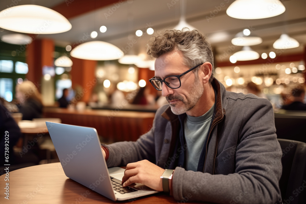 Middle age guy sitting in the shopping mall cafeteria with laptop working Middle age guy sitting in the shopping mall cafeteria with laptop working