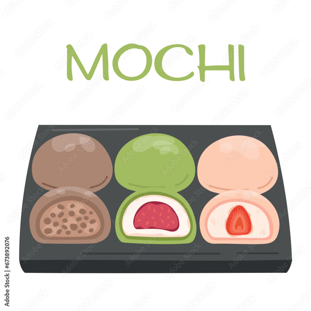 Mochi. Traditional Japanese rice dessert. Ball of rice flour with jam. Flat vector illustration with sweet dessert isolated on white. Banner, poster, restaurant menu, national mochi day. Mochi. Traditional Japanese rice dessert. Ball of rice flour with jam. Flat vector illustration with sweet dessert isolated on white. Banner, poster, restaurant menu, national mochi day.