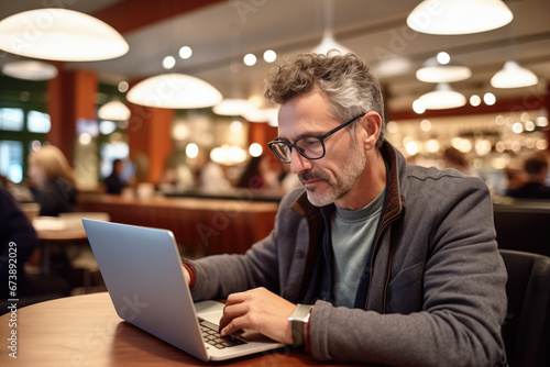 Middle age guy sitting in the shopping mall cafeteria with laptop working