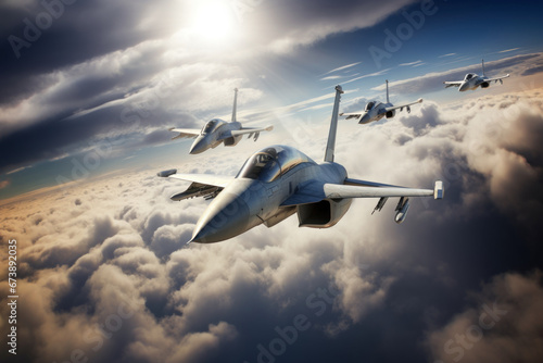 Fighter Jets Flying Formation Cloudy Sky