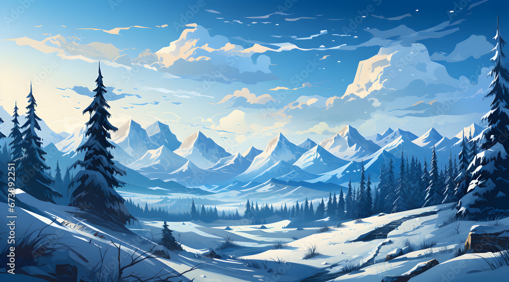 Digital art of a tranquil winter landscape with snow-covered mountains, pine trees, and a clear but cloudy blue sky.