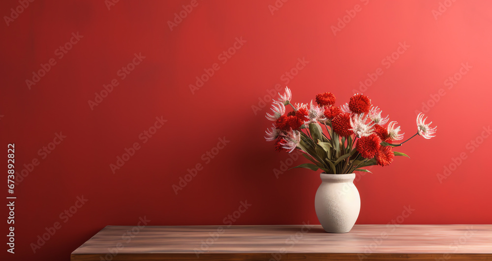 Wooden table with bouquet of flowers in vase on red background, copy space Wooden table with bouquet of flowers in vase on red background, copy space