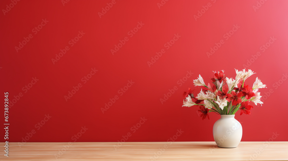 Wooden table with bouquet of flowers in vase on red background, copy space
