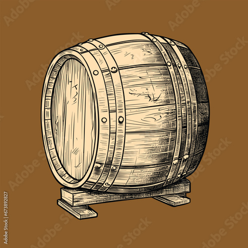 Oak wooden barrel sketch. Hand drawn engraving style. Vintage vector © baobabay