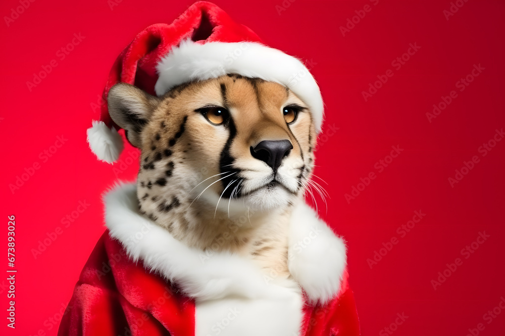 Portrait of a Cheetah Dressed in a Red Santa Claus Costume in Studio with Colorful Background Portrait of a Cheetah Dressed in a Red Santa Claus Costume in Studio with Colorful Background