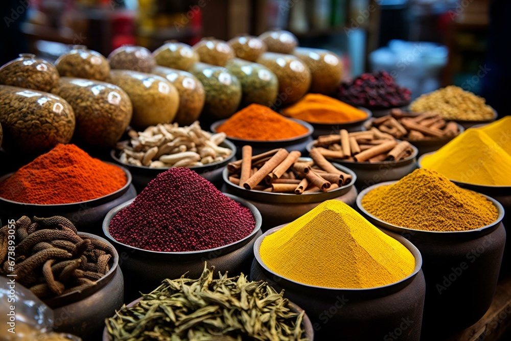 Assortment of colorful spices and herbs on display in a shop. Generative AI