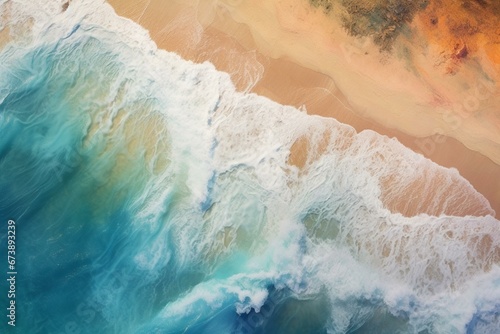 Aerial view of beach and waves. Generative AI