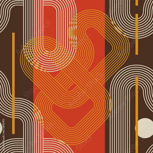 Modern boho minimalist art. Abstract seamless pattern with geometric shapes and zen arch bohemian silhouettes. Design for wall decor, cover, background, card, branding, wallpaper. Vector illustration.