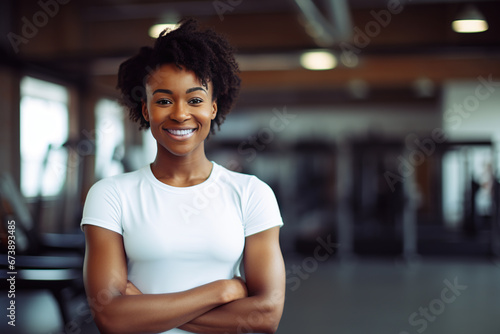 Energetic, optimistic female afro trainer with a friendly smile, white teeth, blank white t-shirt, pumped muscles, short afro hairstyle standing with arms crossed on a blurred gym background.
