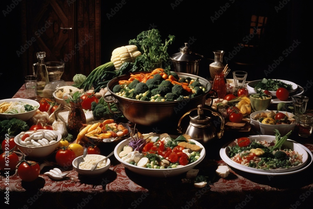 Table with assorted vegetable dishes. Generative AI