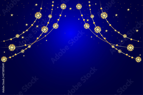 Merry Christmas and Happy New Year background. Shimmering golden snowflakes and stars on a dark background. Christmas composition.Vector illustration.