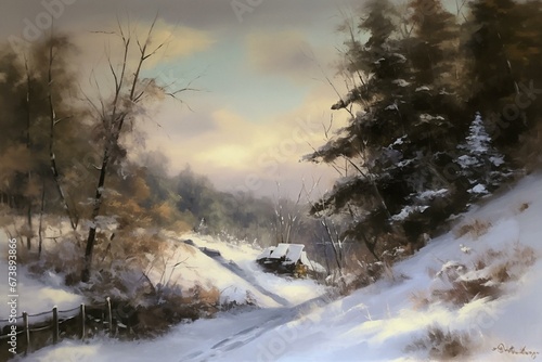 A painting portraying a serene winter landscape covered in snow. Generative AI © Jaxson