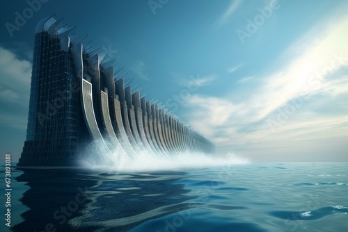Massive architectural structures, wave power plant, tsunami barrier, giant holding systems, alternative power plant, digital art background. Generative AI