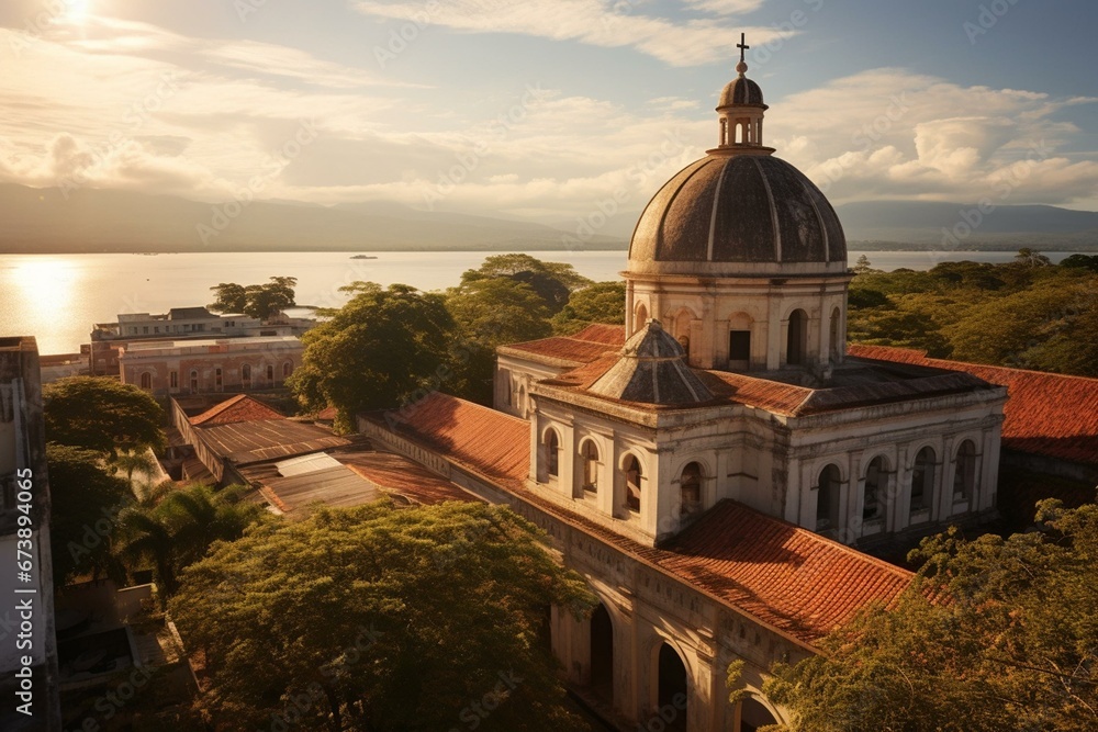 View of cathedral in Granada from rooftop, featuring Lake Nicaragua in the background. Generative AI