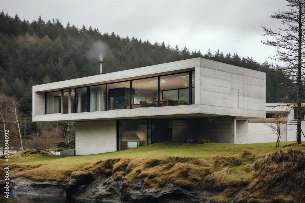 Exterior front view of modern cubic design house in Scandinavian style Exterior front view of modern cubic design house in Scandinavian style