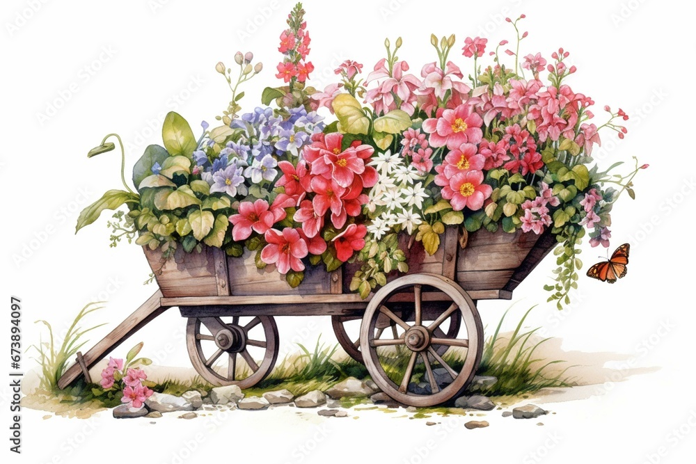 delightful floral illustration with watering cart. Generative AI